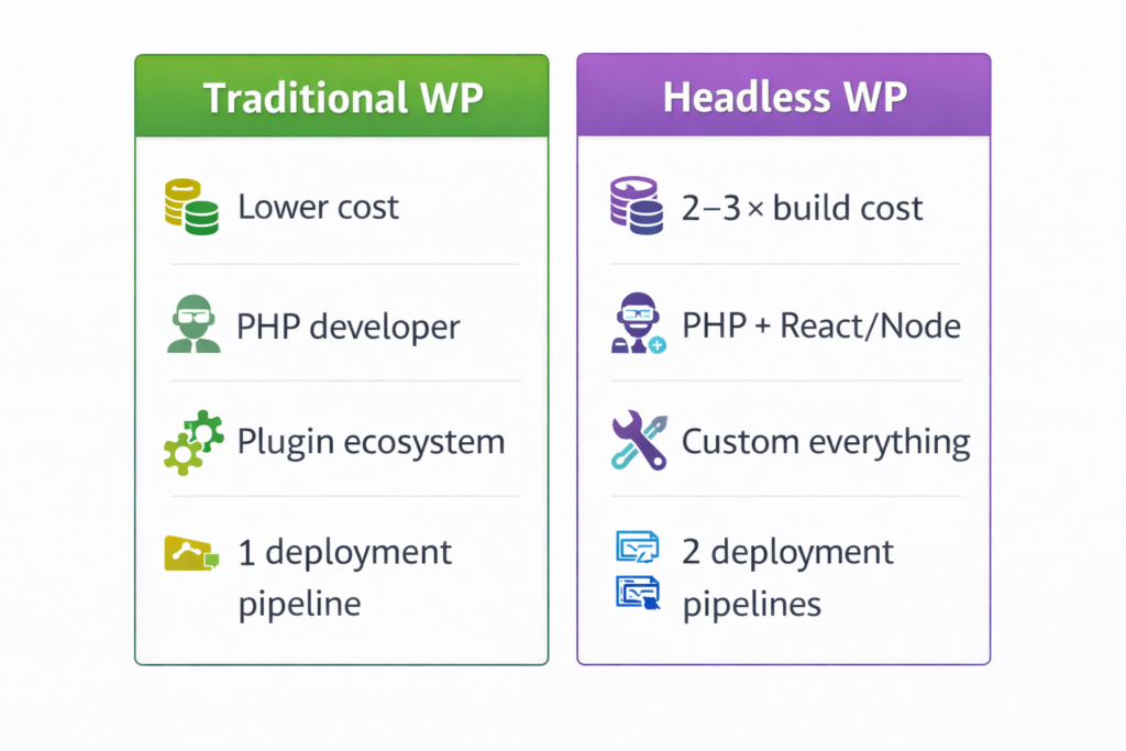 Headless WordPress vs traditional WordPress development cost and complexity comparison infographic