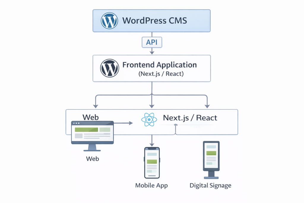 headless WordPress architecture diagram showing WordPress REST API connecting to Next.js frontend