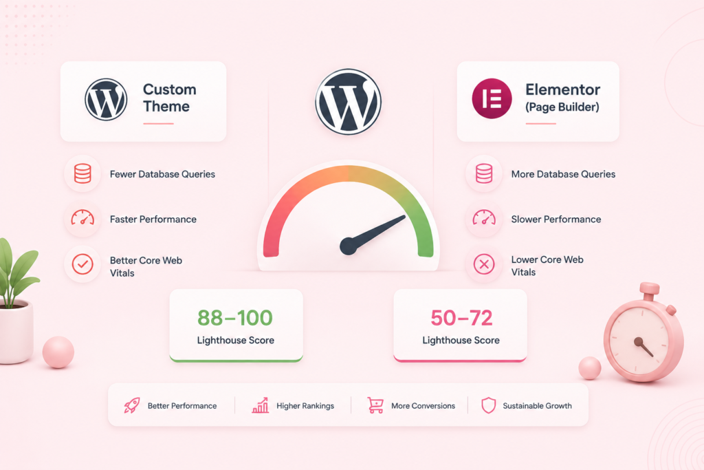 Page Builder vs Custom themes Page Builder vs Custom themes WordPress speed comparison highlighting custom theme vs Elementor performance.
