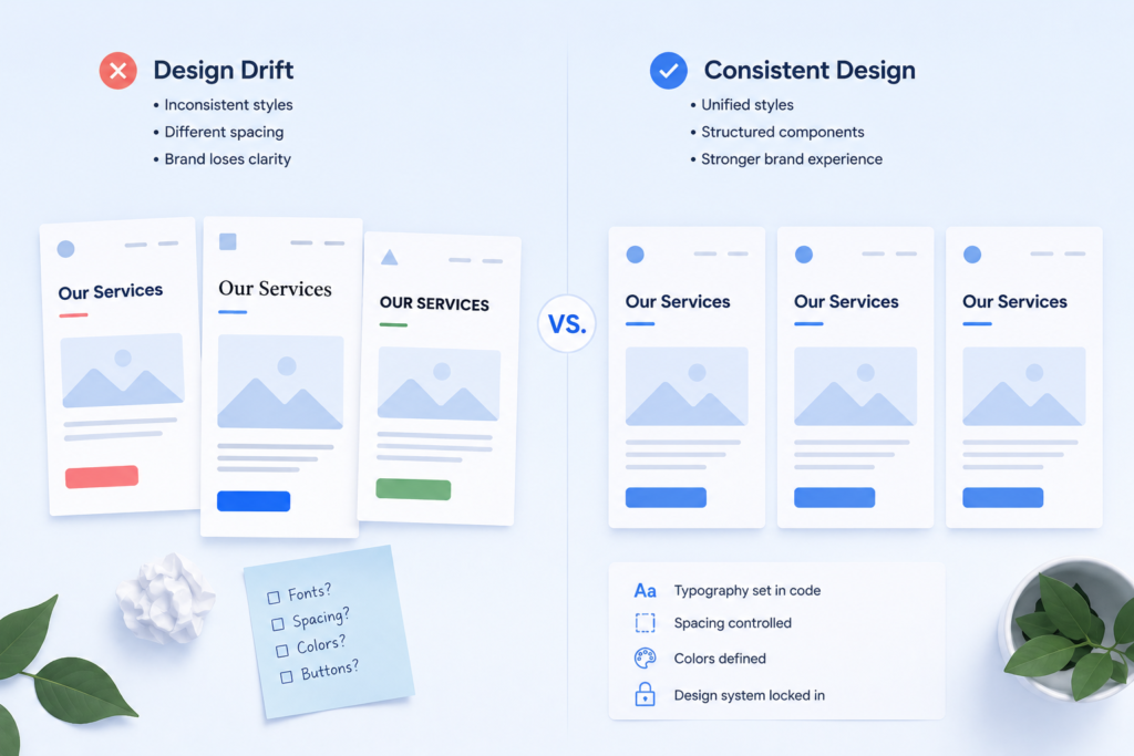 Design drift vs consistent website design comparison showing structured brand control with a custom WordPress theme.
