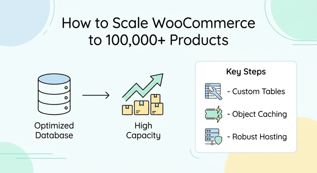 How to Scale WooCommerce to 100k Products infographic with steps