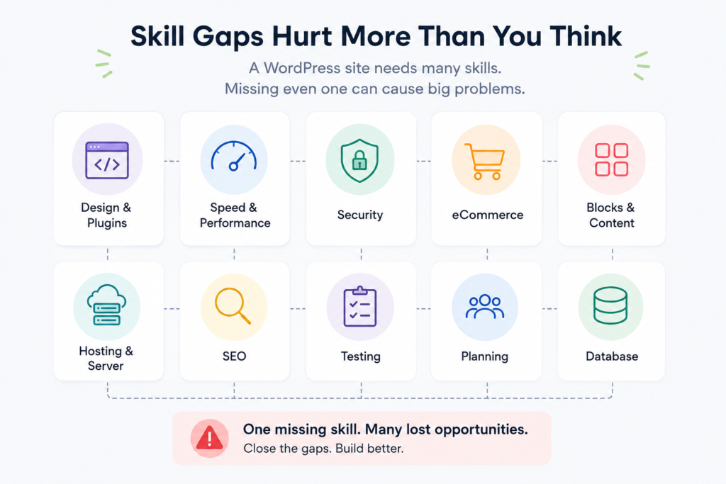 WordPress skill gaps infographic in soft pastel colors.