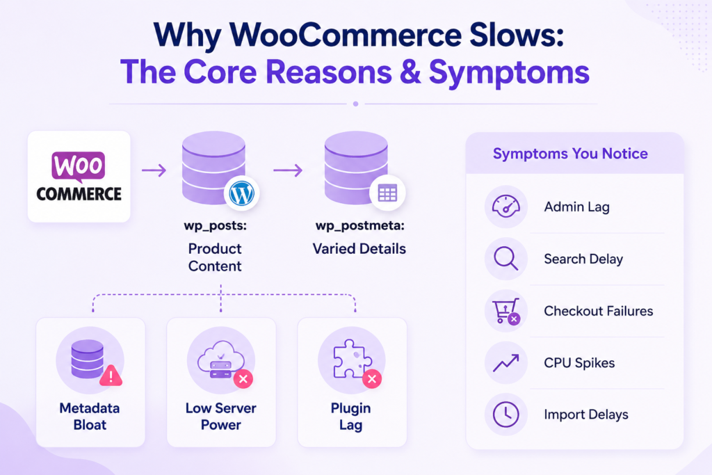 WooCommerce slowdown causes including metadata bloat, plugin conflicts, and slow checkout performance.