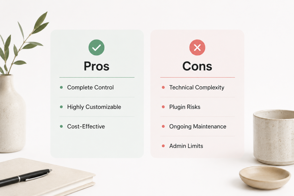 Minimal Woo Commerce pros and cons infographic in a clean, light design