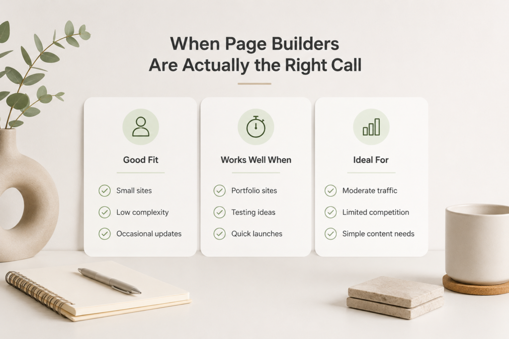 Minimal infographic showing when page builders are the right choice for small, low-complexity websites.