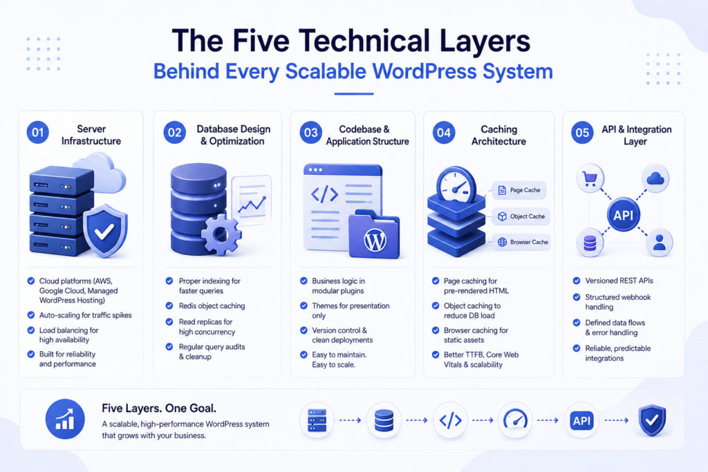 Infographic showing the five technical layers of a scalable WordPress architecture, including server infrastructure, database optimization, code structure, caching, and API integrations.