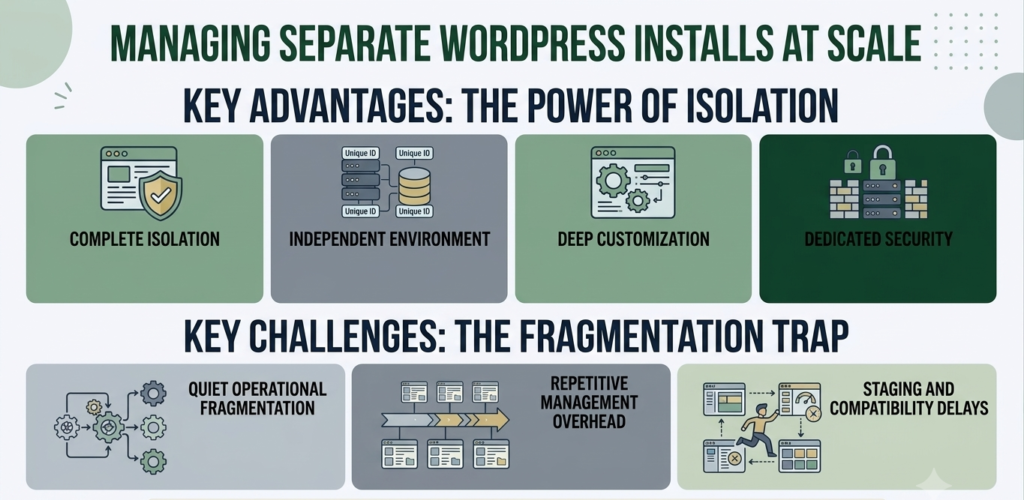 Infographic titled "Managing Separate WordPress Installs at Scale". Top section "Key Advantages" shows four green tiles: Complete Isolation, Independent Environment, Deep Customization, Dedicated Security. Bottom section "Key Challenges" .