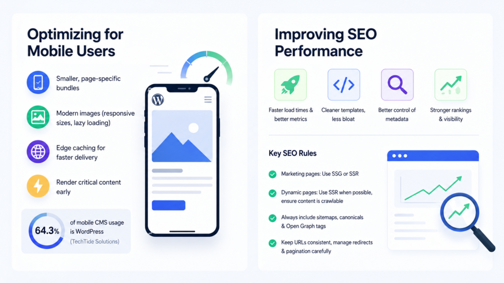 Image showing Importance of optimization For Mobile Users  and Headless improves SEO performance

