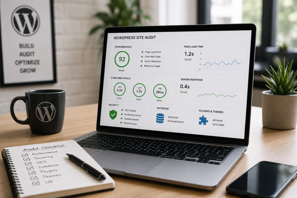 laptop screen displaying WordPress audit essentials