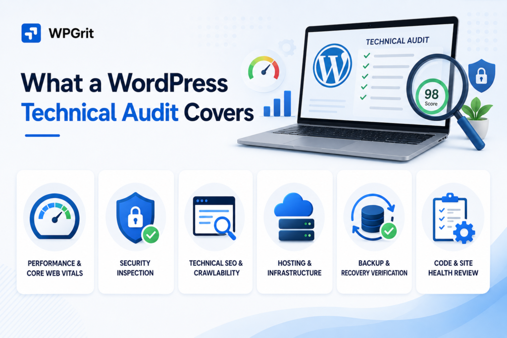Professional WPGrit infographic showing the six key areas of a WordPress technical audit, including performance, security, technical SEO, hosting, backups, and site health.