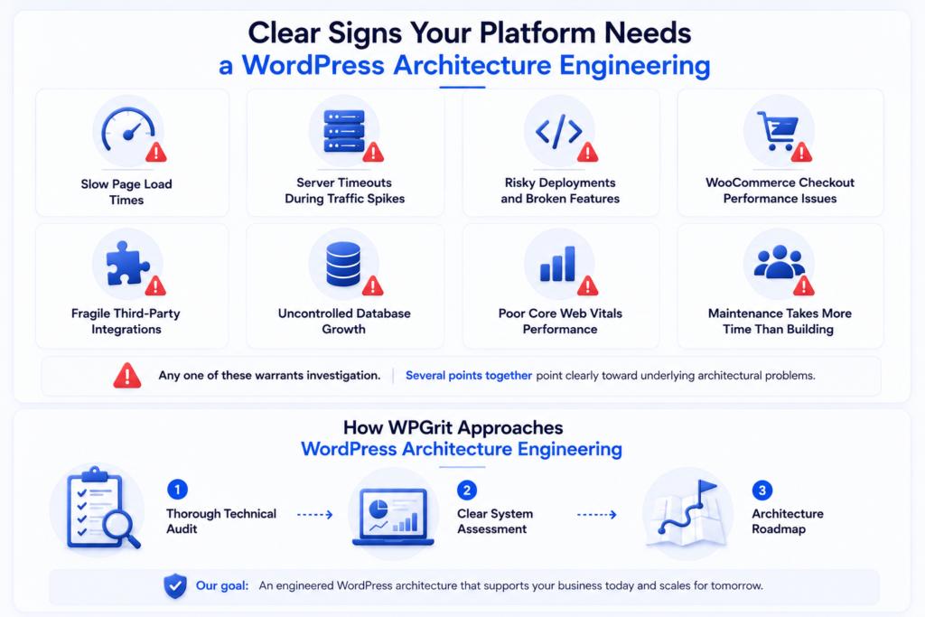 Infographic highlighting key signs that a WordPress website needs architecture engineering, along with WPGrit's technical audit and architecture planning process.