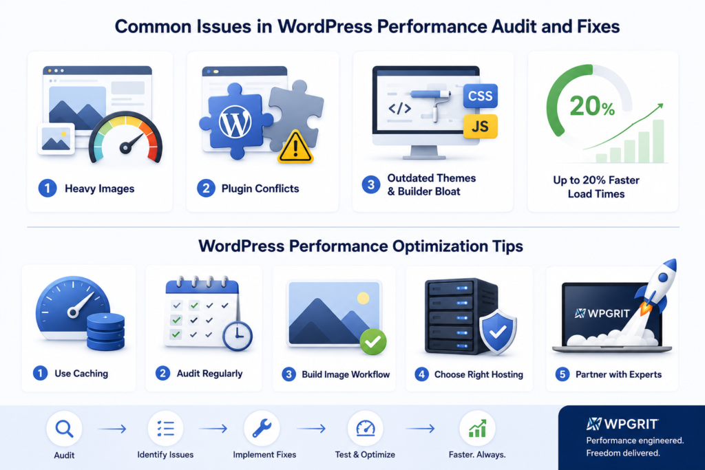 image displaying Common issues and fixes in WordPress audit and Performance optimization tips