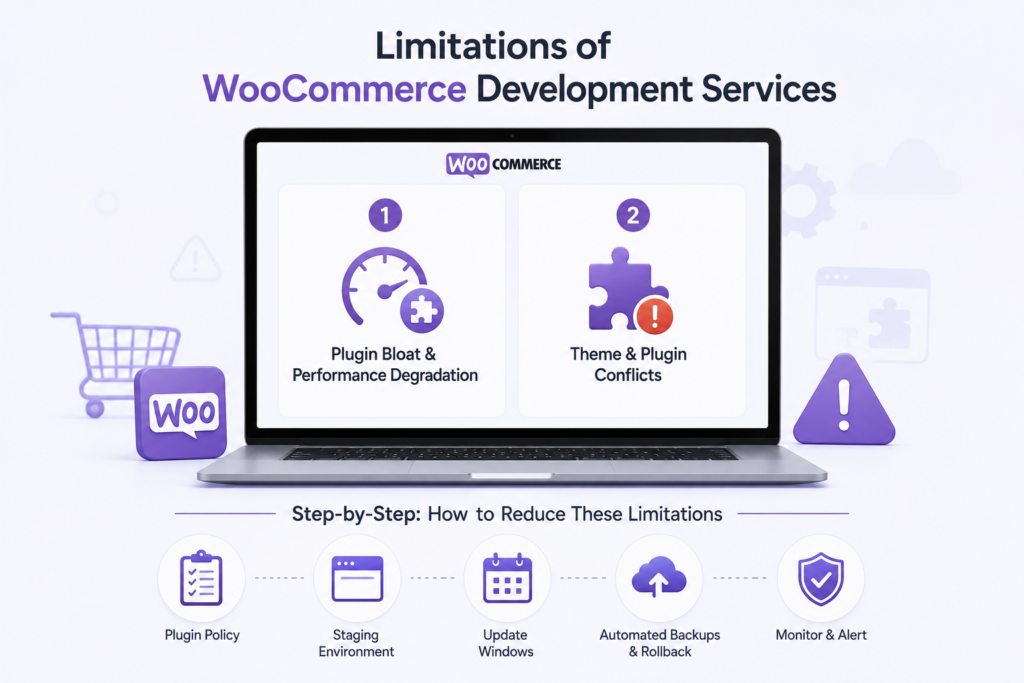 Image showing Limitations of WooCommerce Development Services and  steps to reduce these limitations

