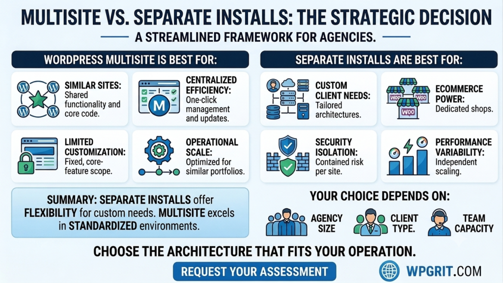 Corporate infographic "Multisite vs. Separate Installs: The Strategic Decision". Two-column comparison with four tiles each. Left column lists Multisite advantages: Similar Sites, Centralized Efficiency, Limited Customization, Operational Scale. Right column lists Separate Installs benefits: Custom Client Needs, Ecommerce Power, Security Isolation, Performance Variability. Bottom shows light blue summary box with agency size, client type, and team capacity icons.