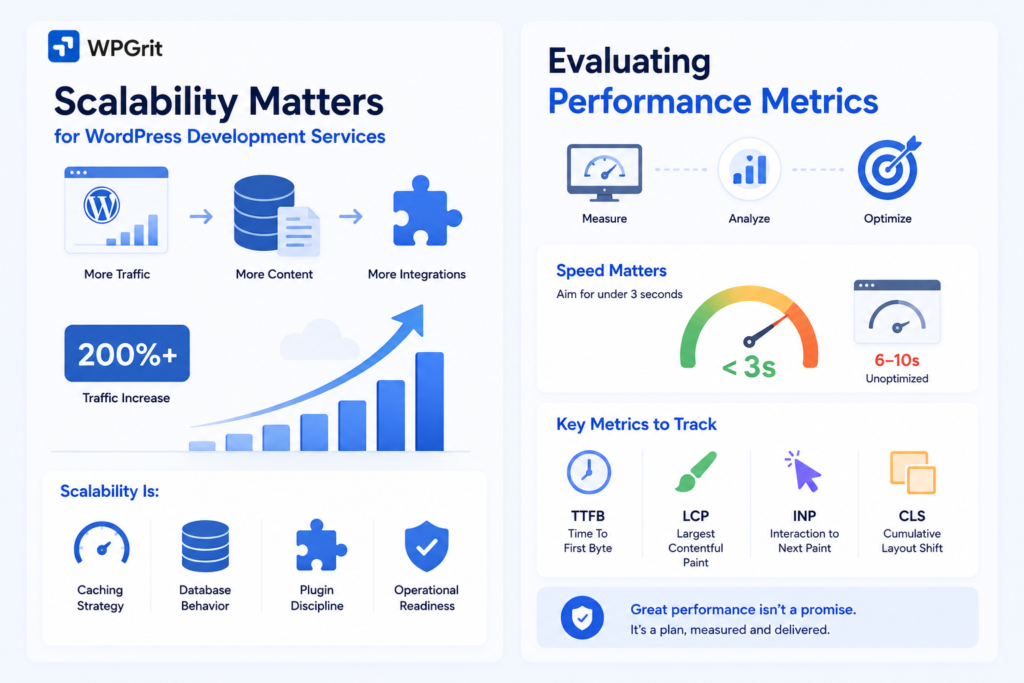 image showing features and importance of scalability and evaluation for custom WordPress development services.
