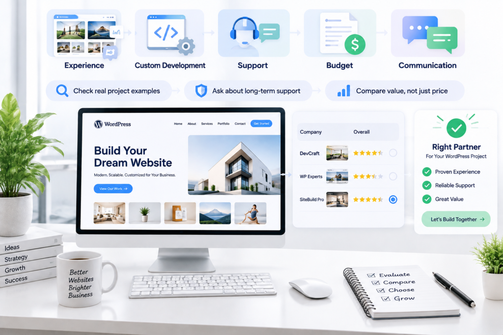 WordPress development company evaluation workspace showing website project review, experience, custom development, support, budget, communication, and partner selection process