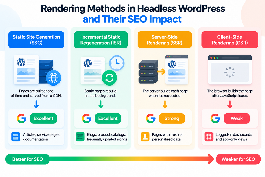 Rendering Decides Whether Headless Helps Your Rankings: Comparison of SSG, ISR, SSR, and CSR rendering methods for SEO