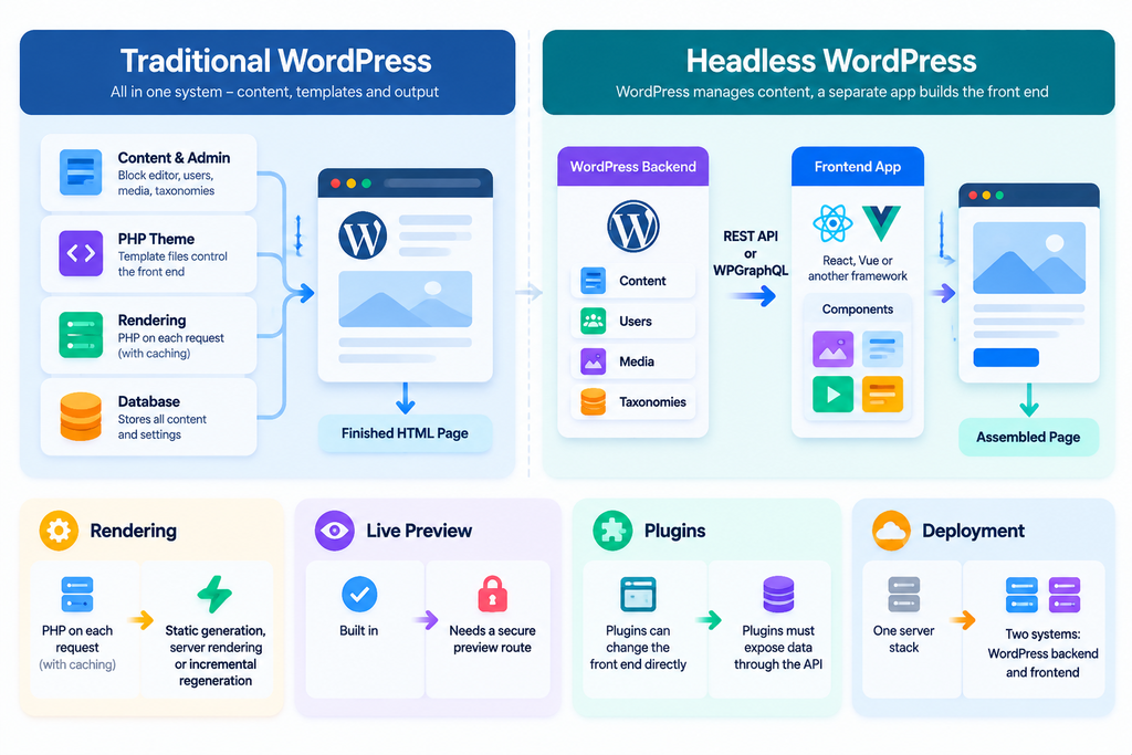 What Changes When WordPress Goes Headless: Traditional vs. headless WordPress architecture infographic.