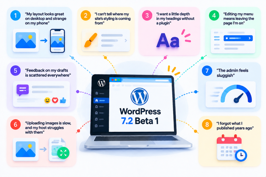 WordPress 7.2 Beta 1 infographic showing key updates, recommended actions for different user roles, and a warning against production use.
